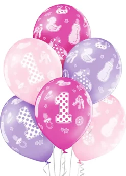 Balony na roczek PIERWSZE URODZINY różowe (6szt.)