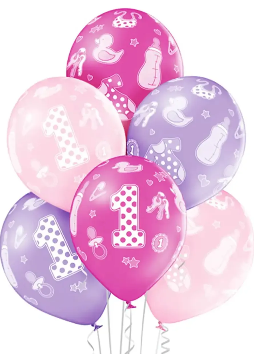 Balony na roczek PIERWSZE URODZINY różowe (6szt.)