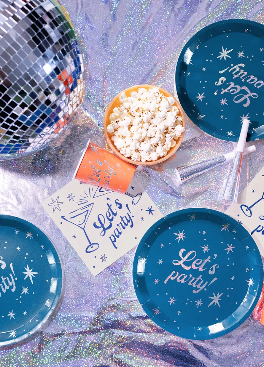 Granatowe talerzyki z holograficznym napisem LET'S PARTY 6 szt.