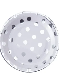 Jednorazowe talerzyki białe w kropki srebrne DOTS 23cm (8szt.)