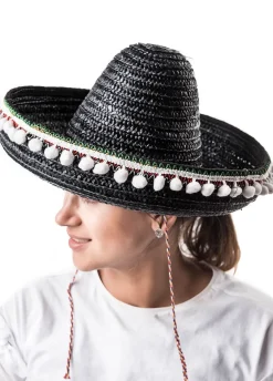Kapelusz SOMBRERO z pomponikami damskie czarne