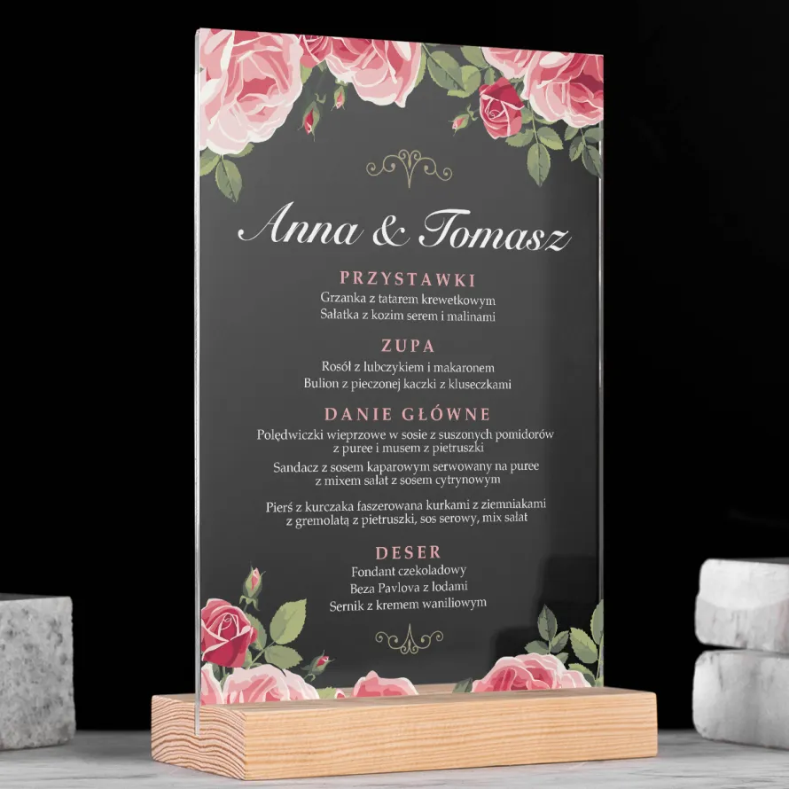 Menu weselne BUKIET RÓŻ na ramce plexi
