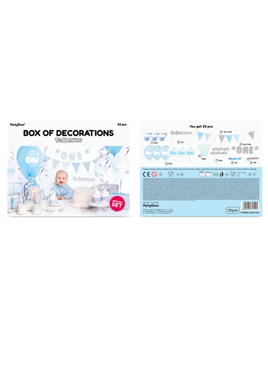 Party box zestaw dekoracji na roczek chłopca 1 URODZINY
