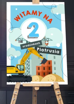 Personalizowana tablica powitalna KOPARKA na urodziny chłopca