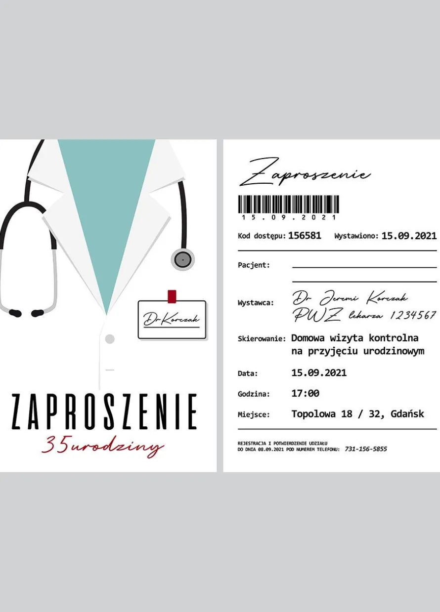 Personalizowane zaproszenie na urodziny LEKARZA