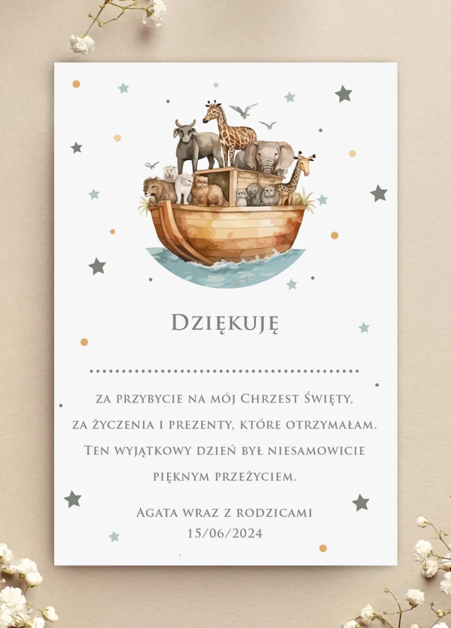 Podziękowania za przybycie na chrzest ARKA NOEGO