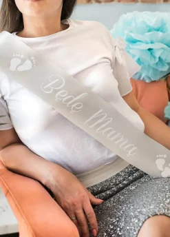 Szarfa na baby shower BĘDĘ MAMĄ srebrna