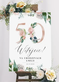Tablica powitalna na 50 urodziny KWIATY personalizowana