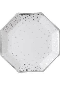 Talerzyki białe w srebrne gwiazdki GWIAZDA 23cm (8szt.)