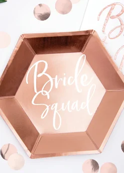 Talerzyki papierowe na wieczór panieński BRIDE SQUAD różowe złoto 23cm (6szt.)
