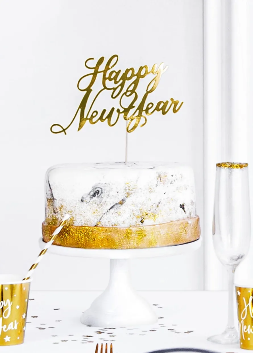 Topper na tort HAPPY NEW YEAR złoty