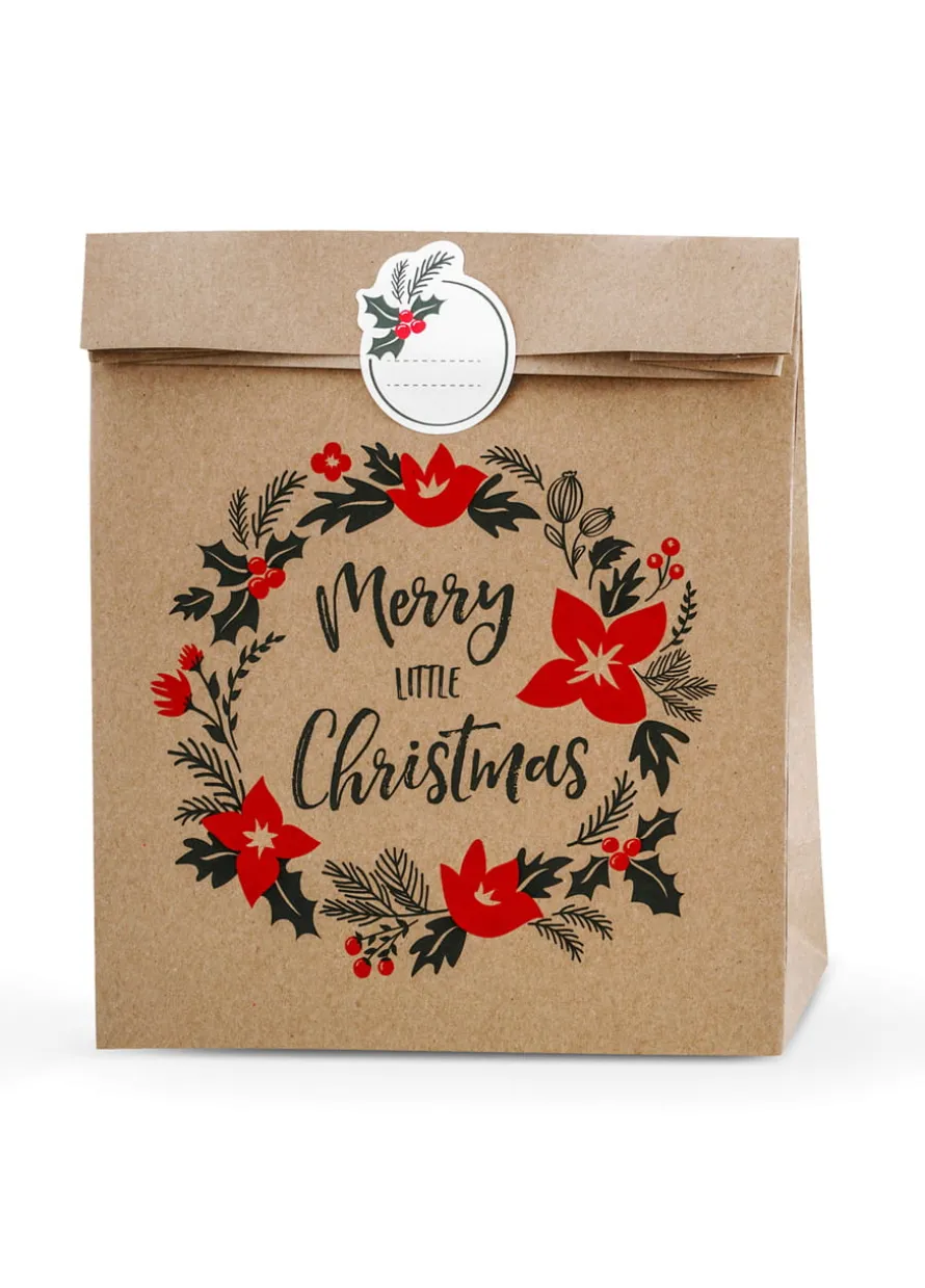 Torebki na upominki świąteczne z naklejkami MERRY LITTLE CHRISTMAS kraft (3szt.)