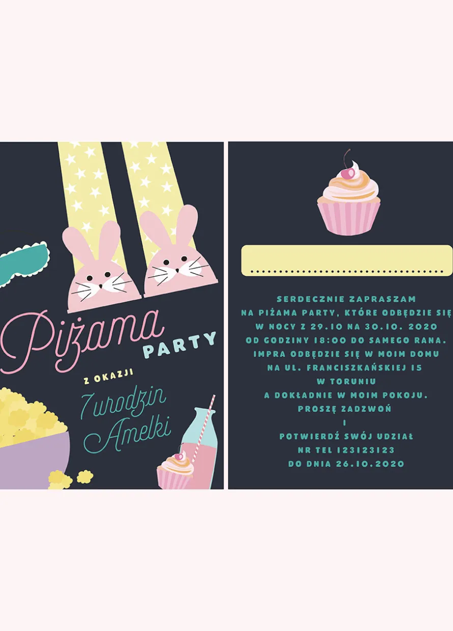 Urodzinowe zaproszenia na PIŻAMA PARTY personalizowane