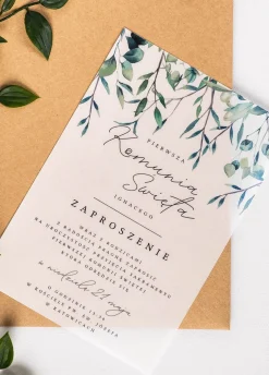 Zaproszenia komunijne personalizowane GAŁĄZKI kalka 14x19,5 cm