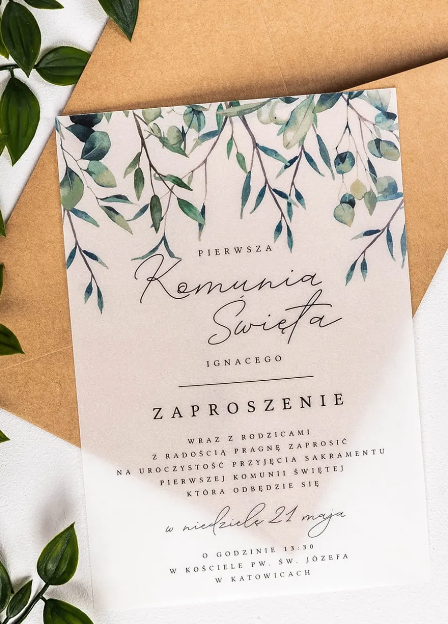 Zaproszenia komunijne personalizowane GAŁĄZKI kalka 14x19,5 cm