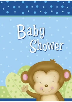 Zaproszenia na Baby Shower niebieskie MAŁPKI (8szt.)