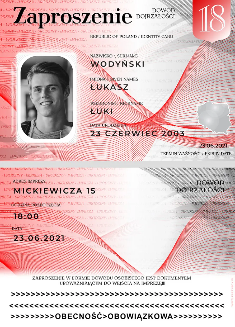 Zaproszenia na 18 DOWÓD personalizowane