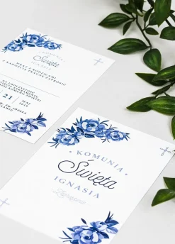 Zaproszenia na komunię personalizowane NIEBIESKIE KWIATY