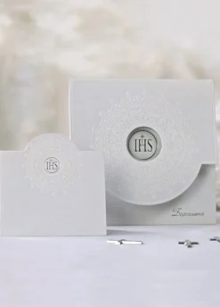 Zaproszenia na komunię z kopertami ORNAMENT biały (10szt.)