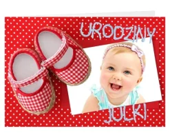Zaproszenia na roczek personalizowane KROPKI czerwone