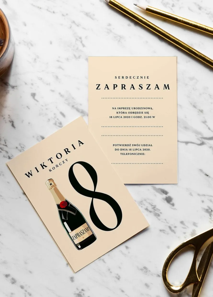 Zaproszenia na 18 z własnym tekstem SZAMPAN