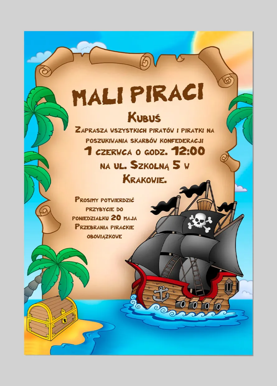 Zaproszenia personalizowane pirackie POSZUKIWANIE SKARBÓW