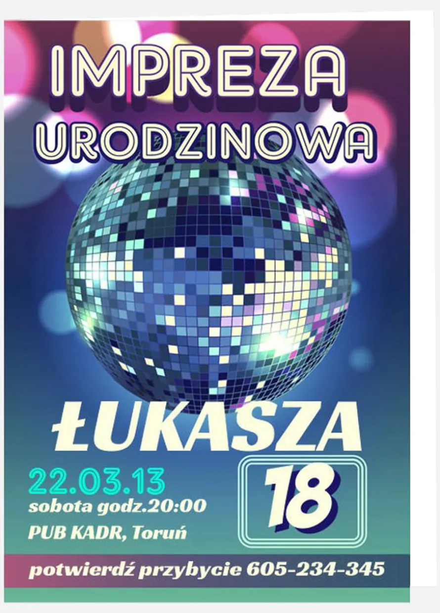 Zaproszenia personalizowane DISCO zaproszenia urodzinowe