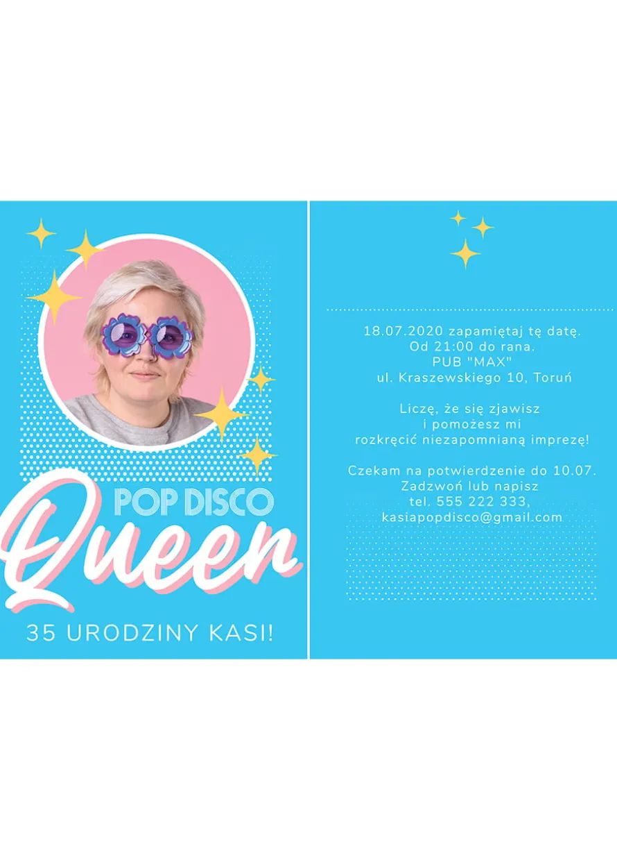Zaproszenia urodzinowe personalizowane POP DISCO QUEEN zaproszenia ze zdjęciem