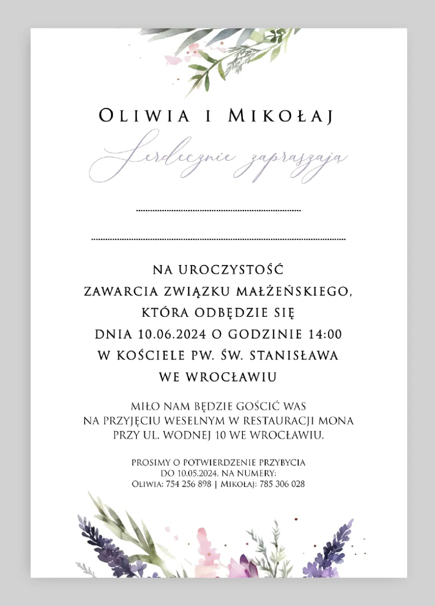 Zaproszenie ślubne LAWENDOWE z personalizacją