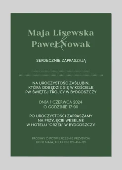 Zaproszenie ślubne ze zdjęciem BUTELKOWA ZIELEŃ
