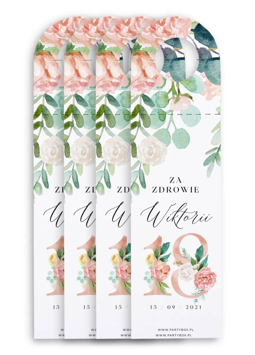 Zawieszki na butelki 18 urodziny KWIATY (4 szt.)