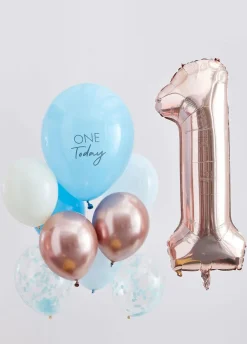 Zestaw balonów na roczek BLUE AND ROSE GOLD (10szt.)